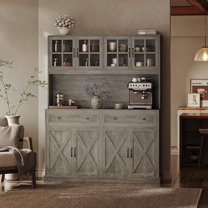 71''H x 55.1''W Pantry Cabinet with Charging Station, 4 Wide Cabinets Kitchen Pantry with 2 Drawers, Farmhouse Hutch Storage Cabinet, Tall Coffee Bar, Acrylic Door, Adjustable Shelves, Grey