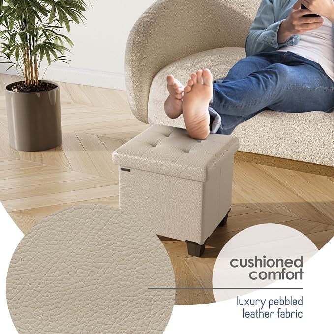 Storage Ottoman Cube with Small Bin, 15-in Square Ottoman with Storage for Living Room and Bedroom, Small Ottomans Foot Rest, Leather Foot Stools Ottomans Max 330lbs, Beige