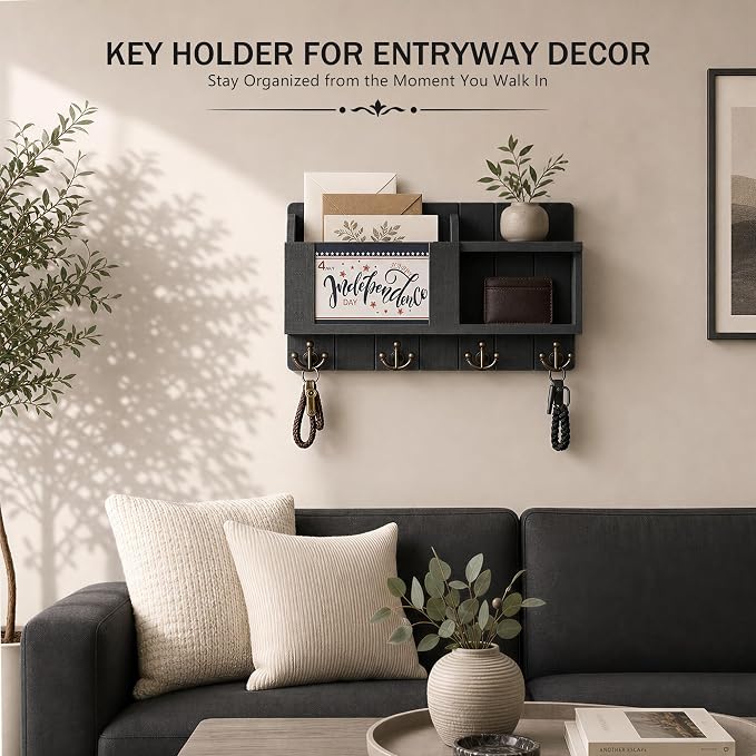Rebee Vision Key Holder Wall Mount with Chalkboard for Entryway, Black | Key Holder for Wall, 4 Key Hooks, Floating Shelf, Key Hanger, Mail Organizer, Storage for Letters, Notes, Stylish Home Decor