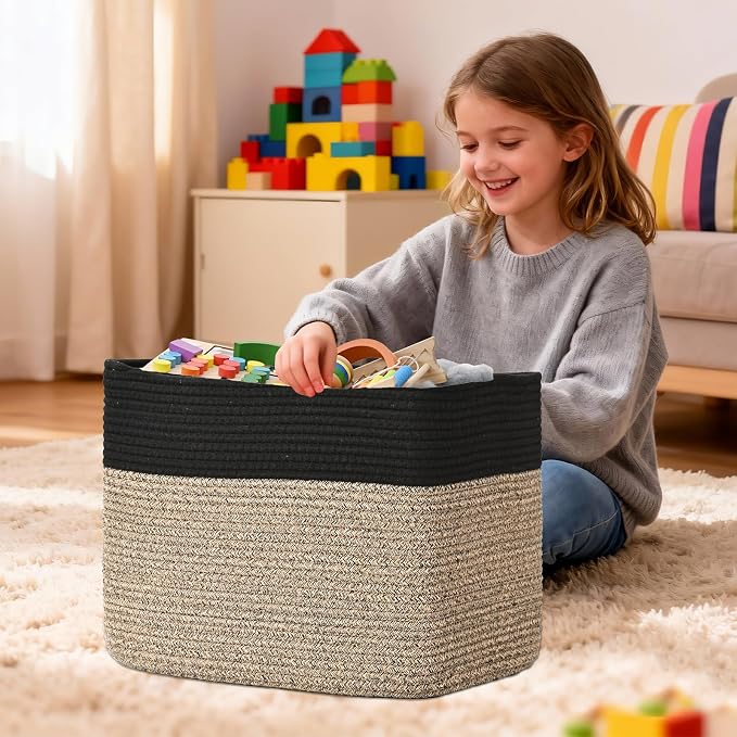 3 Pack Cube Storage Bin, 17”x12”x12” Cotton Rope Woven Baskets for Organizing Toys Clothes Towels, Square Gift Storage Baskets for Shelves, Nursery, Closet, Bathroom, Pantry (Black & Brown)