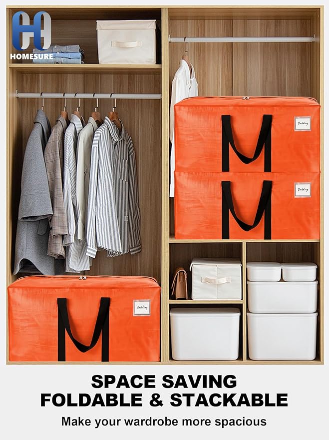 HOMESURE Supports 200lbs Heavy Duty Moving Bags - Strong Zipper & Wrap-Around Handles - Water-Resistant Storage Totes, Durable Alternative to Moving Boxes - 4 Pack - Orange