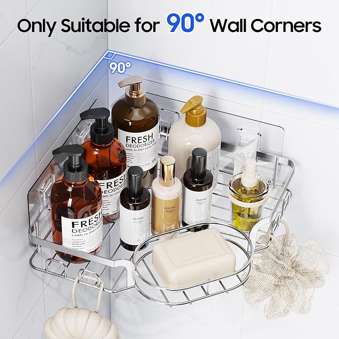 Corner Shower Caddy, Rustproof Shower Organizer with Soap Holder and 8 Hooks, No Drilling Adhesive Shower Shelves for Inside Shower, Large Capacity Shower Rack for Bathroom Shower Storage, Sliver