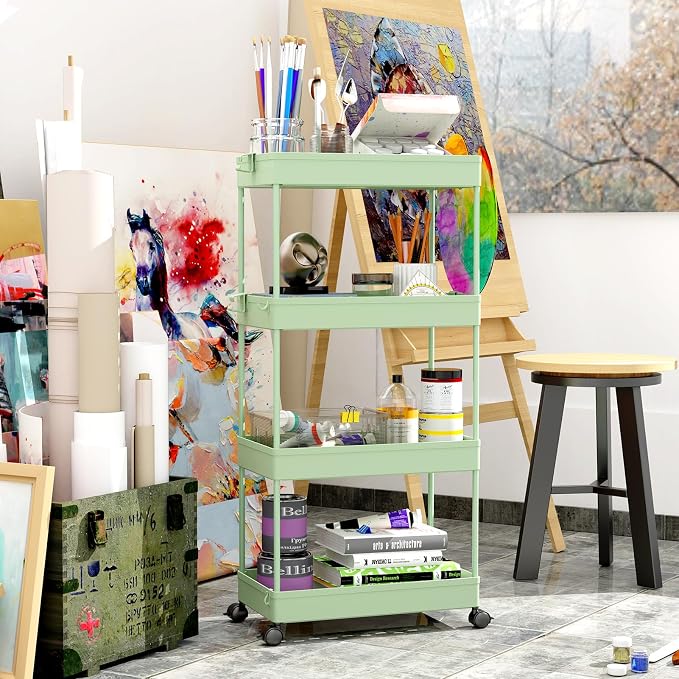 SPACEKEEPER 4 Tier Rolling Cart, Bathroom Cart Organizer with Wheels, Green | Mobile Storage Cart for Laundry Room Organization,Kitchen,Office,Bathroom, Utility Cart for Snack,Craft,Art,Makeup,Nail,Toys