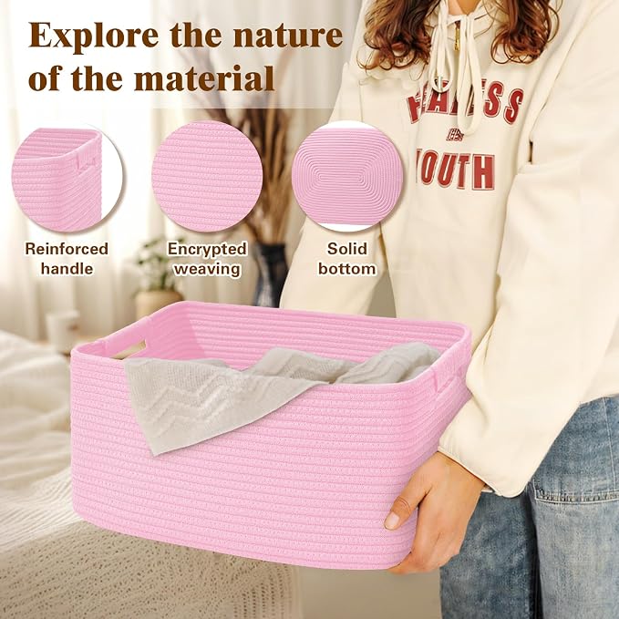 4 Pack Large Storage Basket for Organizing, 17.5"x13"x7" Woven Basket for Shelves, Closet Cube Storage Bins with Wrapped Handle, Cotton Rope Baskets for Kitchen, Clothes, Toys(Light Pink)