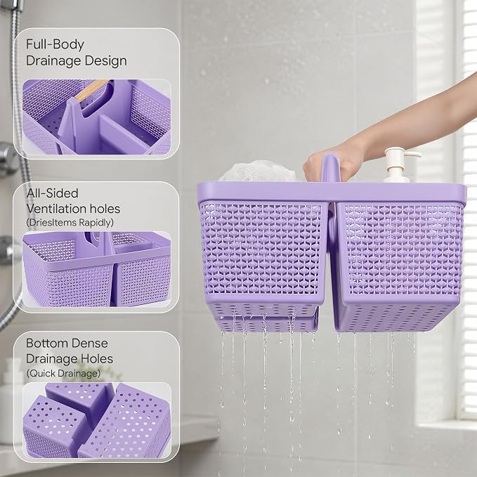 UUJOLY Portable Plastic Shower Caddy Basket with Wooden Handle, Purple | Divided Storage Organizer Tote for Bathroom, Dorm, College, Kitchen & RV – Lightweight, Easy-Carry Essentials Caddy
