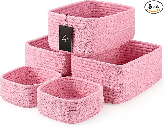 5-Pack Small Woven Rope Storage Baskets, 2 Sizes Organizer Bins | Fabric Cube Boxes and Rectangular Shallow Bins for Closet, Shelf, Bookshelf, Nursery, Changing Table, Bathroom, Toys & Home