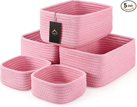 5-Pack Small Woven Rope Storage Baskets, 2 Sizes Organizer Bins | Fabric Cube Boxes and Rectangular Shallow Bins for Closet, Shelf, Bookshelf, Nursery, Changing Table, Bathroom, Toys & Home