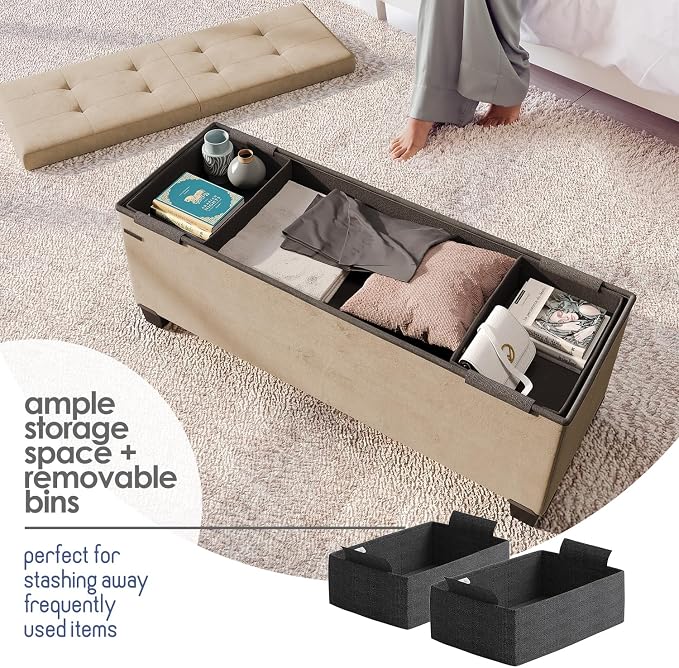 Storage Ottoman Bench with Bins, 43-in Storage Bench for Bedroom End of Bed, Folding Foot Rest Ottoman for Living Room Max 660lbs, Velvet Ottomans, Taupe