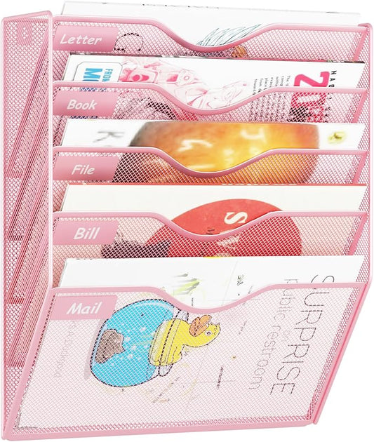 5 Pockets Hanging Wall File Organizer Mail Holder, Wall Mounted Paper Document Folder Holder, Clipboard Storage Organization Magazine Rack, Pink