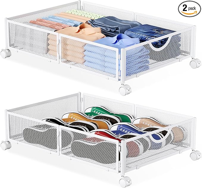 Yecaye Under Bed Storage with Wheels, 2 Pack Under Bed Shoe Storage Organizer Drawer, Tool-free Assembly Metal Underbed Storage Containers for Clothes, Shoes, White