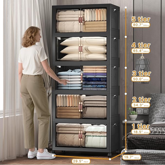 Stackable Storage Bins with Lids, 840QT Closet Organizers and Storage Cabinet with Doors & Wheels, Lockable Plastic Foldable Drawers for Bedroom Dorm Office Garage（168QT*5,Black）
