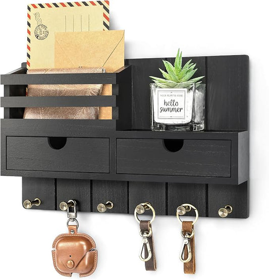 Rebee Vision Key Holder Wall Mount with 6 Key Hooks for Home Decor, Black | Modern Mail Organizer, Key Hanger, Shelf, 2 Drawer Organizer, Home Decor Aesthetic, Apartment Essentials, Decorative Storage