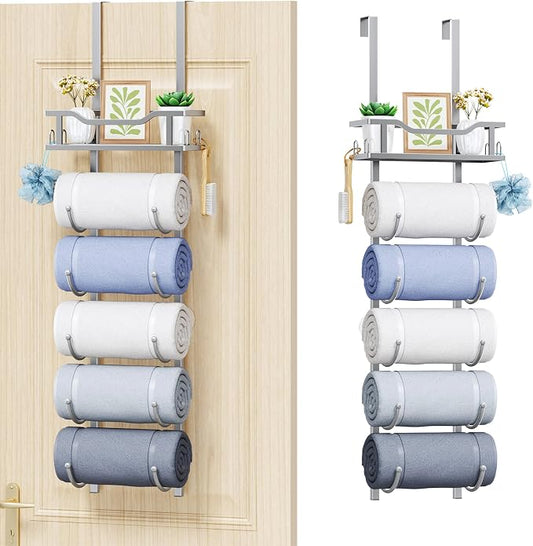 SWTYMIKI Over the Door Towel Rack - 6 Tier Towel Racks for Bathroom Wall Mounted, Towel Holder with Shelf, Hanging Rolled Towel Storage Organizer for Small Bathroom, Camper, RV, Sliver