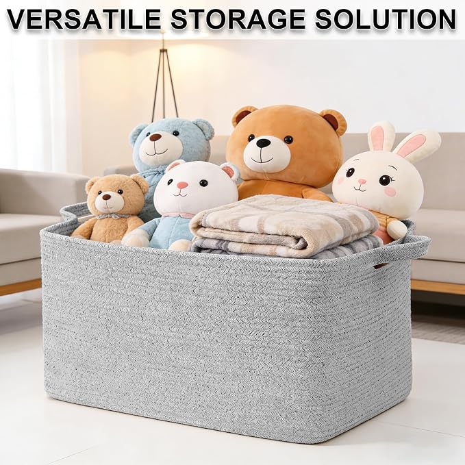 65L Collapsible Woven Rope Laundry Basket with Handles, Grey | 21x16x12 Foldable Rectangular Blanket Basket for Toys, Clothes & Pillows,Ideal for Nursery, Bathroom, Bedroom, Living Room