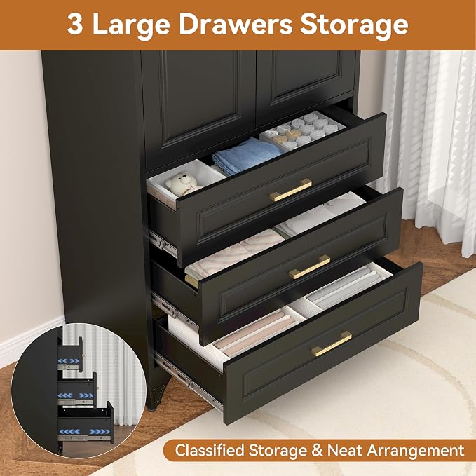 Polup 71" Black Metal Armoire Wardrobe Closet with Doors and 3 Drawers | Freestanding Heavy Duty Steel Clothing Storage Cabinet, Hanging Rod, 180lbs Adjustable Shelves, for Office, Bedroom & Garage
