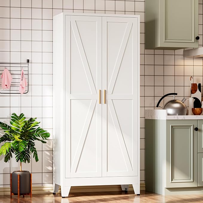 Bevivog 71" Kitchen Pantry Cabinet, Metal Storage Cabinet with 2 Doors and 4 Adjustable Shelves, Farmhouse Tall Food Cabinet Pantry Shelves Storage for Kitchen, Home Office, Living Room, Laundry