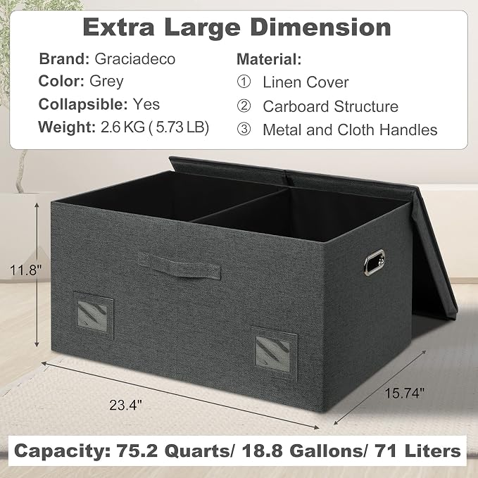 Graciadeco 75 Quarts Extra Large Decorative Storage Bins with Lids, 3 Packs Dark Gray Collapsible Storage Bins with Lids, Stackable Storage Bins Decorative Box Storage With Lid Extra Large | 75 Quarts 3 Pack Dark Gray Collapsible Stackable Linen Fabric...