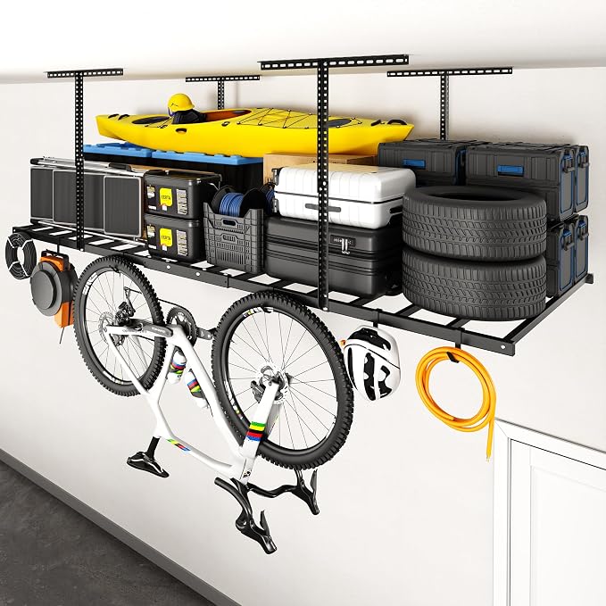 FLEXIMOUNTS 4x8 Overhead Garage Ceiling Storage Rack with 6 Hooks, Black | 750lbs Capacity, 22.6"–39.4" Adjustable Dropdown, Heavy-Duty Metal Ceiling Racks, Storage Organization System, Lite Series