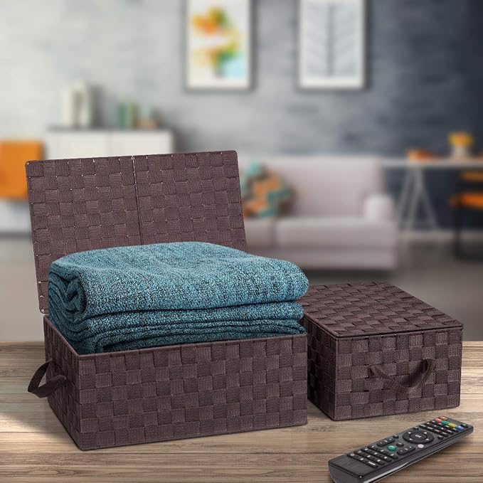 Sorbus Set of 3 Storage Baskets for Organizing with Lid, Mesh Hand-Woven Design, Linen Closet Organizers and Storage, Organizer Storage Baskets for Shelves, Variety Pack Organizers and Storage