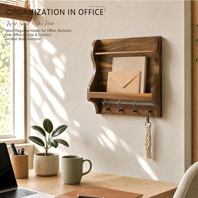 Acacia Wood Mail Organizer Wall Mount with 7 key Hooks Home Decor, Brown | Decorative Mail Holder for Wall, Key Hanger for Sunglasses and Wallets, Rustic Magazine Holder for Paper Storage, Living Room