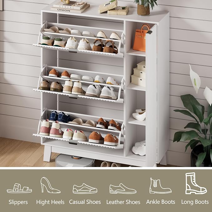 Shoe Cabinet Storage for Entryway with 3 Flip Drawers & Side Cabinet, Fluted Narrow Shoe Organizer with Wooden Leg, Freestanding Shoe Storage Hidden Shoe Rack Organizer for Front Door Entrance, White