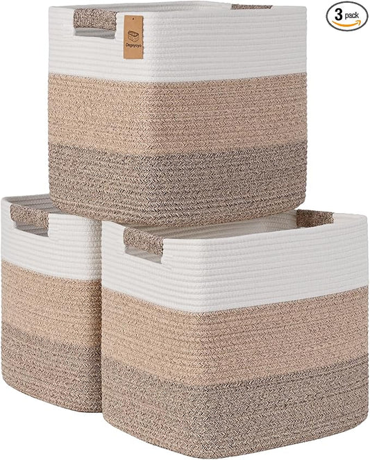 15×13 Inch Storage Cubes, 3 Pack Cube Storage Bins for Organizing, Cotton Rope Woven Baskets for Shelves, Bathroom, Kids Room, Closets, Baby Nursery