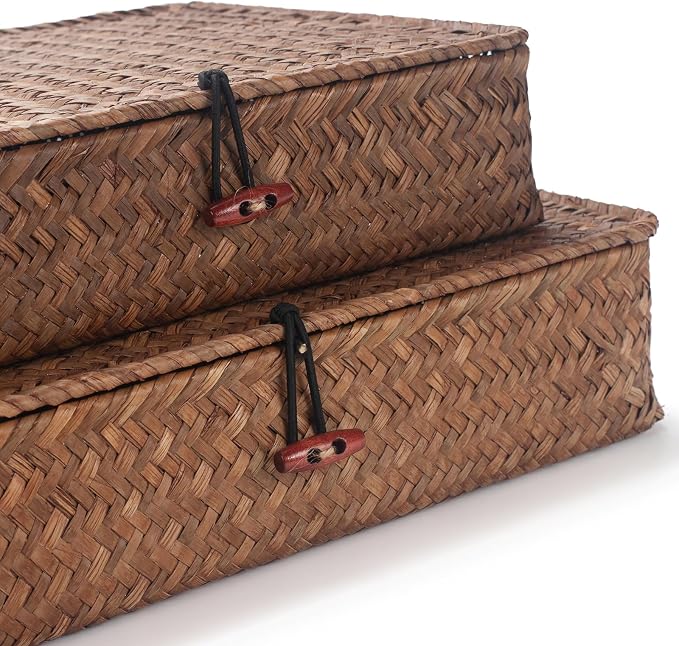 Seagrass Storage Baskets with Lids, Flat Wicker Basket, Shallow Woven Basket for Shelf, Decorative Storage Boxes for Organizing (Coffee)