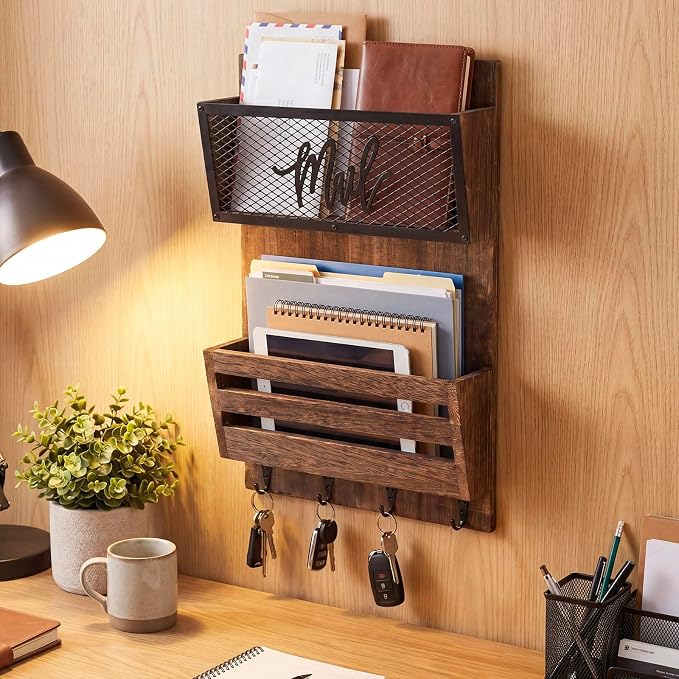 Yalikop Mail Organizer Wall Mount with Key Hooks, 2-Slot Wood Mail and Key Holder, Rustic Farmhouse Wall File for Entryway, Letter and Bill Sorter Organizer for Files, Keys and Magazines