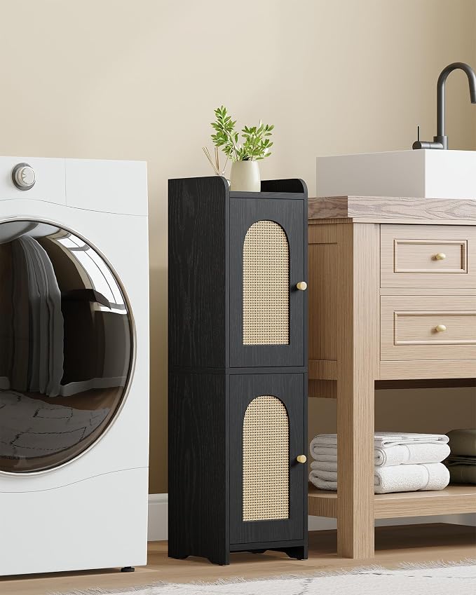 Hzuaneri Bathroom Storage Cabinet, Small Corner Floor Cabinet with 2 Doors | Narrow Toilet Paper Cabinets with Adjustable Shelf, Bathroom Organizer for Small Spaces, 7.9"D x 7.9"W x 29.5"H Rattan Black