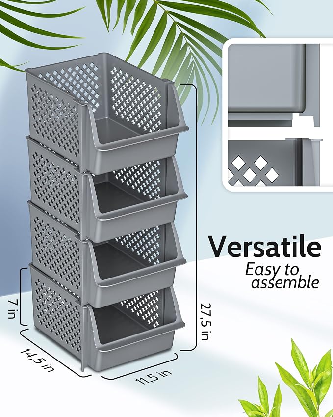 Skywin Stackable Storage Bins Open Front for Pantry Storage, 4 Pack - Grey | Sturdy Plastic, Easy Stacking, Open Front Access, Ventilated Sides, Vertical & Space Saving Pantry Organizers and Storage Bin