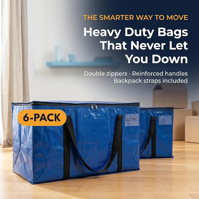 ClearSpace Heavy Duty Moving Bags or Storage Bag – Large Moving Boxes with Backpack Straps, Zippers & Handles – Perfect for Moving, College Dorm, Traveling, Camping, Christmas Decorations, 6 Pack