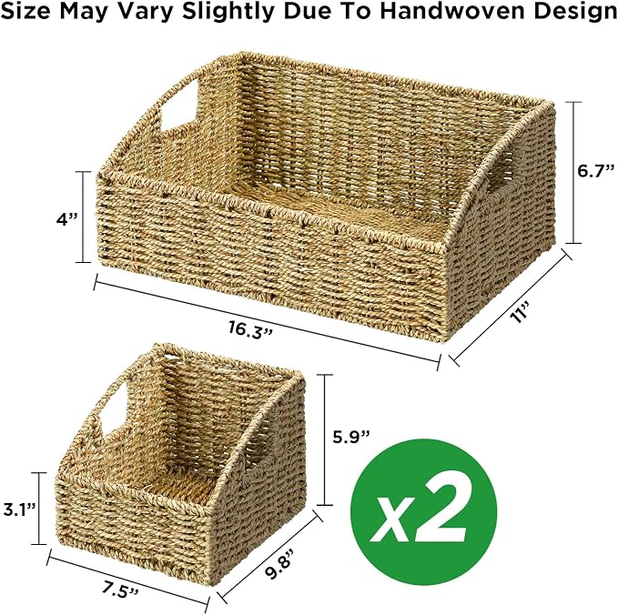 Pantry Baskets Organization, Wicker Storage Basket Green | Handwoven Pantry Organizers and Storage with Built-in Handles, Laundryroom Organization Storage Bins for Snack Cans