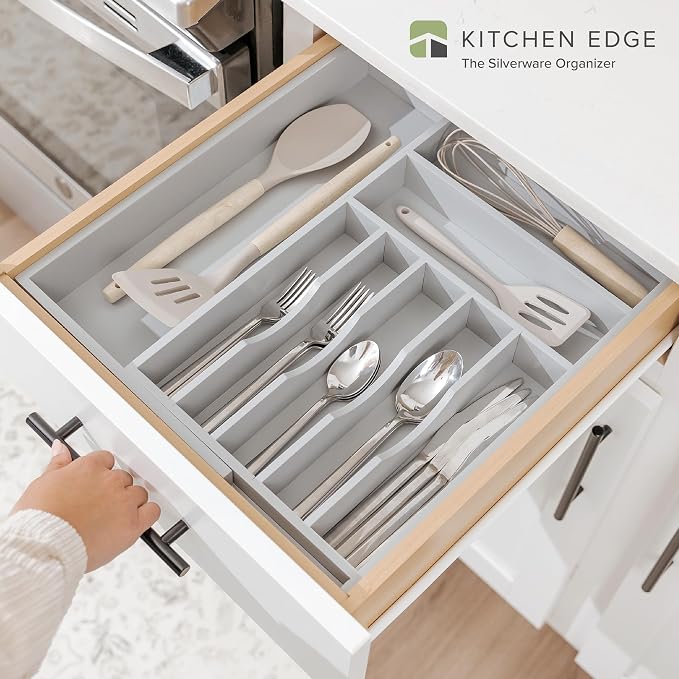 KitchenEdge Silverware & Utensil Drawer Organizer, 10.5-19 in, Gray Bamboo | Cutlery, flatware, food-safe contract grade, kitchen drawer fit