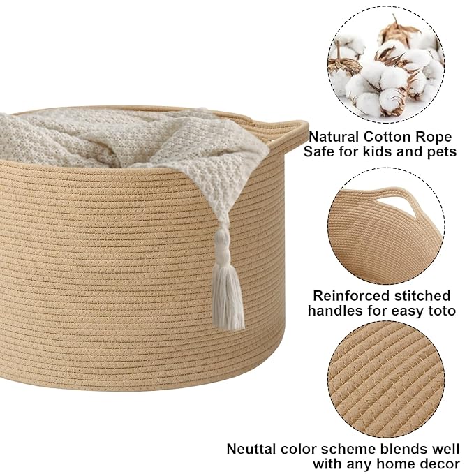 90L Extra Large Blanket Basket,Woven Rope Laundry Basket-Camel | Collapsible, reinforced handles, nursery storage bin organizes clothes, toys and pillows for living room, bedroom bathroom