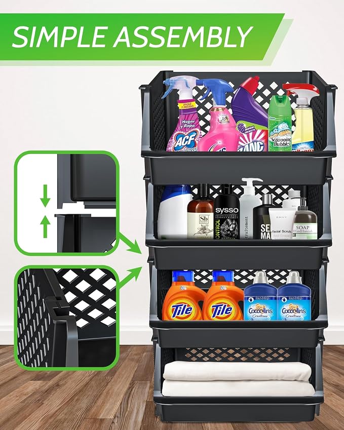 Large Stackable Storage Bins Open Front for Pantry Storage, 4 Pack - Black | Sturdy Plastic, Easy Stacking, Open Front Access, Ventilated Sides, Vertical & Space Saving Pantry Organizers and Storage Bin