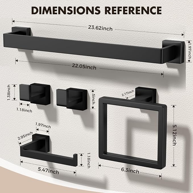 20-Pieces Matte Black Bathroom Accessories Set, 24 Inch Bath Towel Bar Set | Stainless Steel, Towel Ring, Toilet Paper Holder, Robe Hooks, Towel Racks for Bathroom Wall Mounted, Bathroom Hardware Set