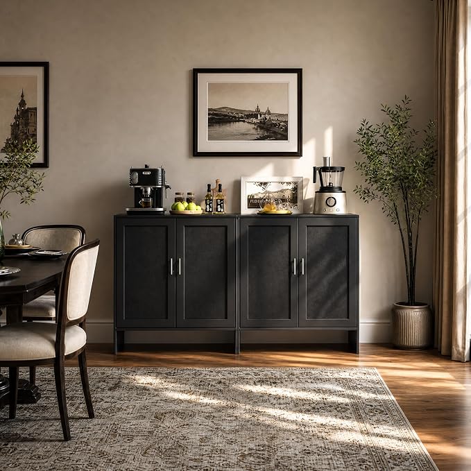 DHZ Buffet Cabinet with Storage, Farmhouse Sideboard with Black Rattan Doors & Adjustable Shelf, 31.5" Narrow Coffee Bar Cabinet, Kitchen Storage Credenza, Entryway Accent Liquor Cabinet