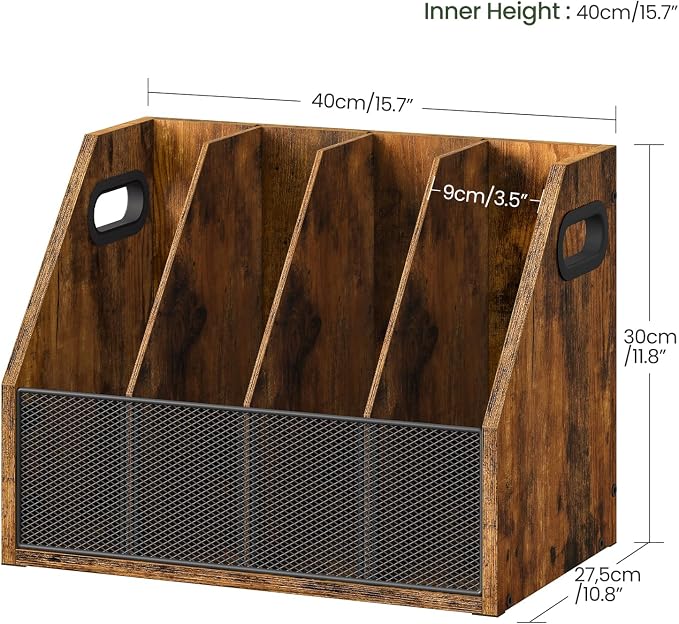 Wooden Desktop File Organizer with Removable Dividers, Mesh Front Panel for Paper, Mail, Magazine, Home Office Desk Storage, Easy Assembly, Rustic Brown MWJ06FG