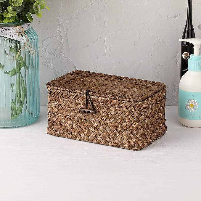 Small Wicker Basket with Lid, Handwoven Seagrass Organizer | Wicker Shelf Basket Rectangular Multipurpose Desktop Organizer Bin for Key, Remote Control, 7.0" x 4.3" x 3.3"