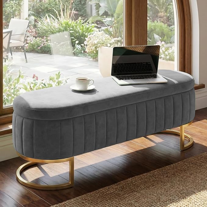65" Velvet Storage Ottoman Bench End of Bed for Bedroom Entryway Light Grey