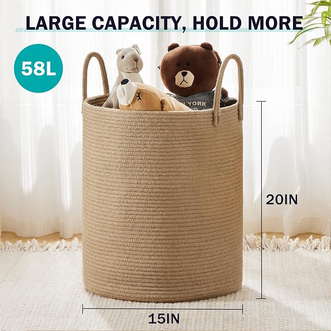 YOUDENOVA Jute Rope Laundry Hamper Basket, 58L Blanket Basket for Nursery | Large Woven Laundry Hamper with Sturdy Handles, Collapsible Home Decor Laundry Basket for Laundry, Clothes, Toys in Bedroom