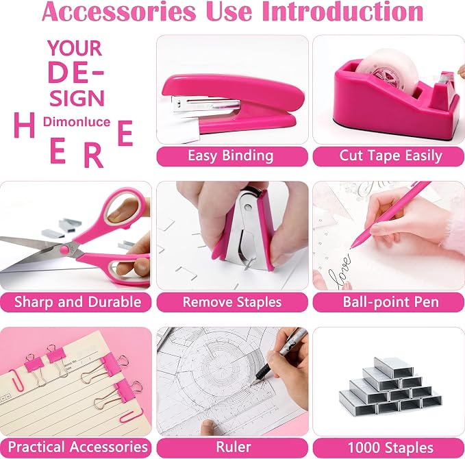 Dimonluce Hot Pink Desk Accessories, Hot Pink Office Supplies Accessories with Tape Dispenser, Stapler, Staple Remover, 1000 Staples, Tape, Clips Set, Ruler, Scissor, Pen