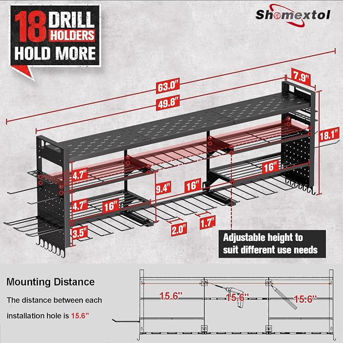 49.8" Power Tool Organizer Wall Mount,Holds 18 Cordless Drills | Large 4-Tier Tool Storage Rack, Heavy Duty 450 lb Load Capacity for Garage Workshop, Black, Gift for Men