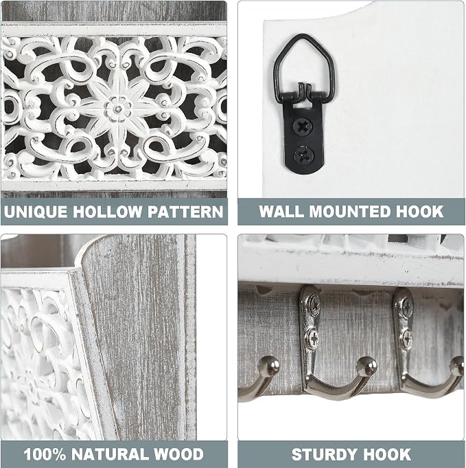 Key and Mail Holder for Wall Mail Holder for Wall | 2-Slot Mails Organizer with 3 Hooks, Key Hangers Rustic Wooden Walls Organizers for Letter Magazines