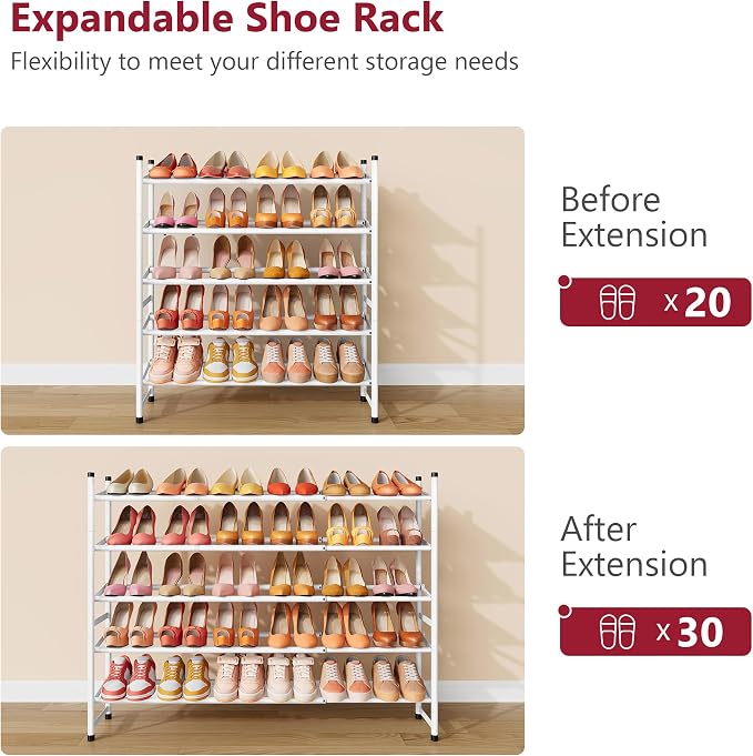 Expandable Shoe Rack for Closet 5 Tier, 28“-41“Stackable, White | Adjustable Shoe Organizer Closet Shoe Rack Floor, Metal Shoe Shelf Storage for Entryway, Closet, Garage, Front Door Entrance