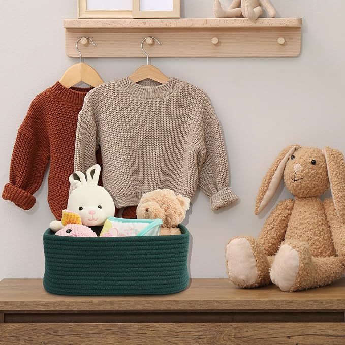XUANGUO Small Woven Storage Baskets for Shelves, 13" x 9" x 5", Dark Green | Decorative rope storage bins for closets and toy storage; cute organizer baskets, empty gift baskets and nursery storage.
