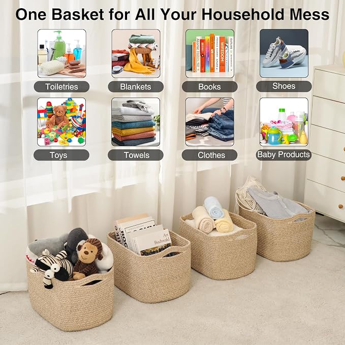 ICERZCZ Woven Cotton Rope Storage Baskets for Organizing & Shelves, Organization Bins for Dog Toys, Clothes, Books, Nursery Organizer, 15"x11"x9", Mixed Brown (4 Packs)