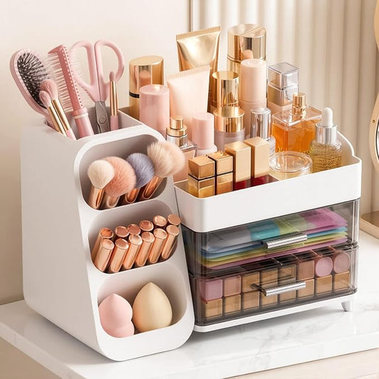 Large Capacity Makeup Organizer Countertop with Makeup Brush Holder for Vanity, Thickened Material, Bathroom Countertop Organizer Skin Care Perfumes Storage, Teen Girl Gifts for 12-23 Year（white）