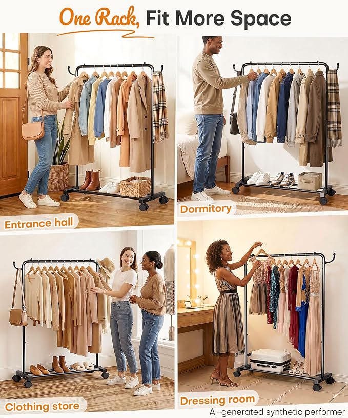 Homde Portable Clothes Rack for Bedroom: 4 Lockable Wheel Move Room-to-Room | Laundry to Closet in 1 Smooth Roll - No Heavy Lifting for Renters & Movers - 88 lbs Hanging Rod for Garment Coat to T-Shirt