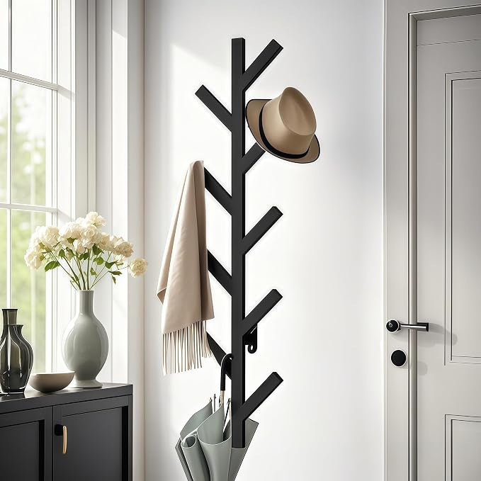 Prywot Vertical Hat Rack, Metal Coat Rack Wall Mounted, Black, 37.8" | 9 Hooks, Space-saving wall-mounted design, for Hats, Jackets, Coats, and Bags - Suitable for Entryways and Bedrooms